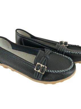 Kunsto Womens Loafers Flats Slip On Faux Leather Buckle Black Size 39 US 8